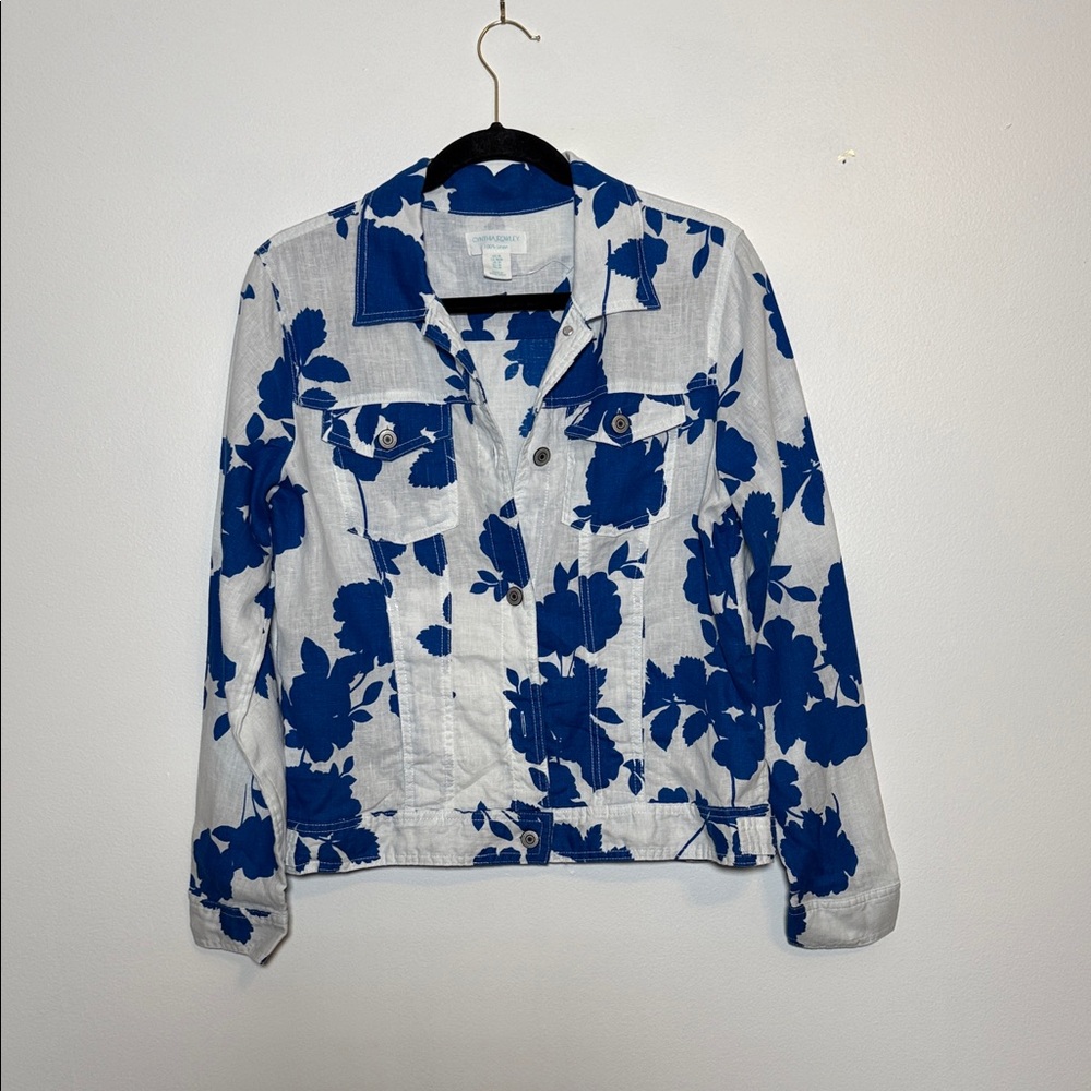 Cynthia Rowley Blue & White Floral Linen Jacket | Button Front | Size M